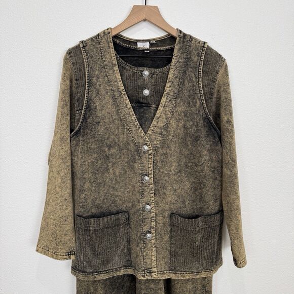 Vtg Focus 90s Dress & Vest Set Womens Small Brown 100% Cotton Lagenlook Hippie - Picture 2 of 16